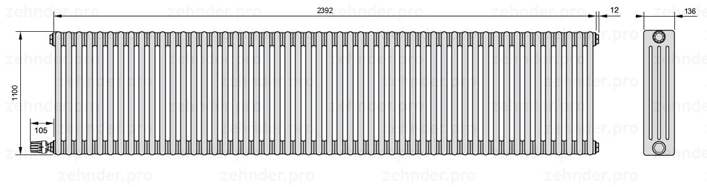 Схема (чертеж) Радиатор Zehnder Charleston 4110/52 №V004 Белый глянцевый RAL 9016